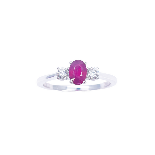 18ct Gold Ruby Diamond Ring Natural Round & Oval Cut Three-Stone 0.80ct  Diamond Ring