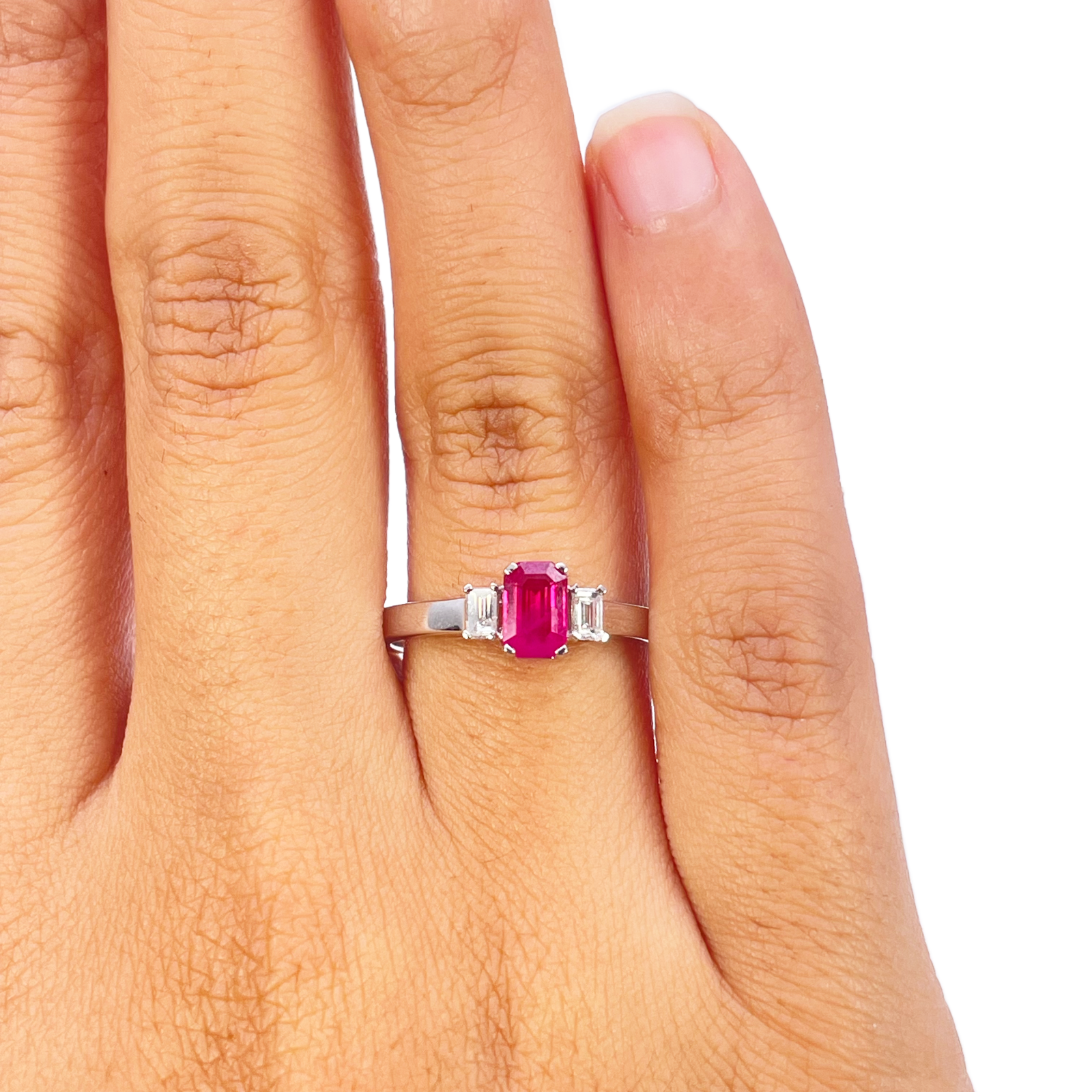 18ct Gold Ruby Diamond Ring Natural Baguette & Emerald Cut 0.85ct  Diamond Ring