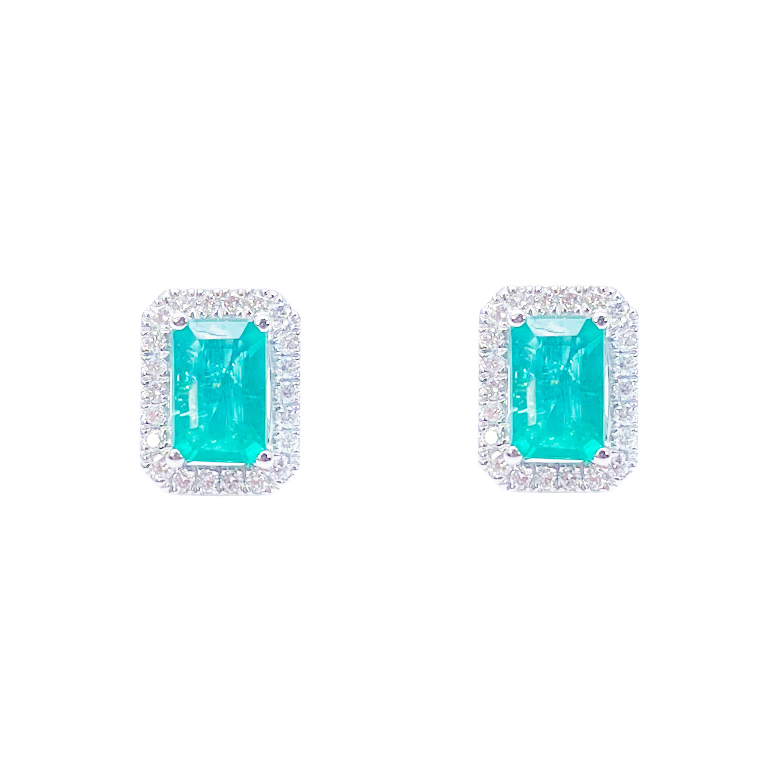 18ct White Gold Natural Emerald Diamond Round & Emerald Cut Stud Earrings 1.60ct 