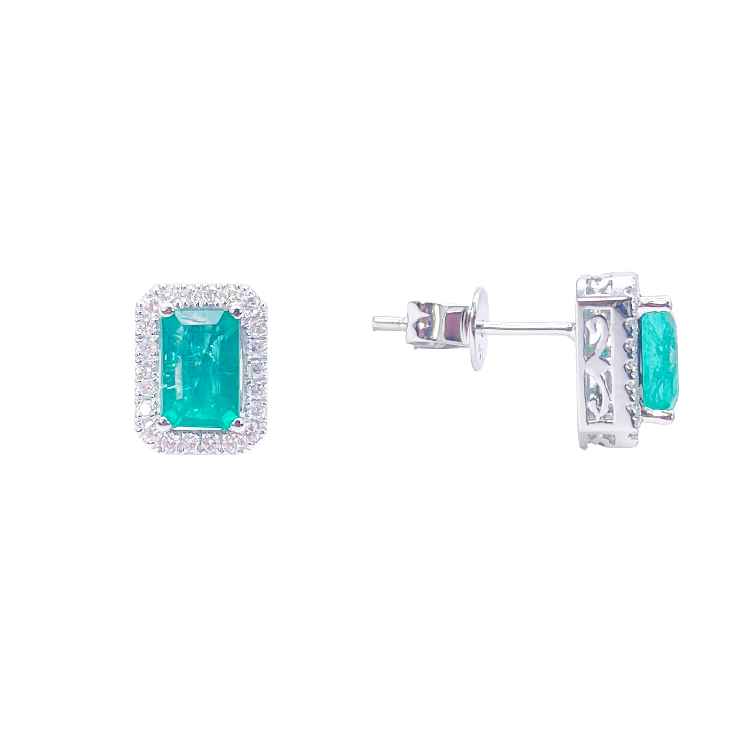 18ct White Gold Natural Emerald Diamond Round & Emerald Cut Stud Earrings 1.60ct 