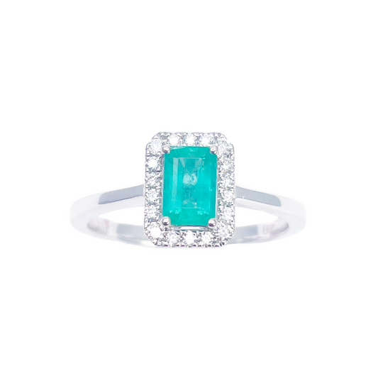 18ct Gold Natural Emerald Diamond Halo Ring Round & Emerald Cut 0.70ct  Diamond Ring