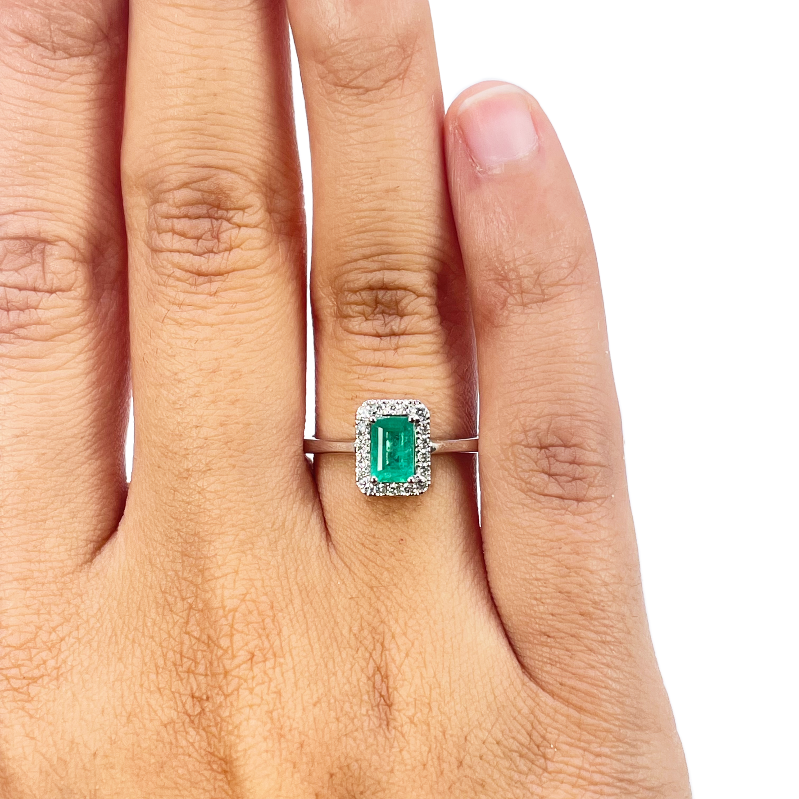 18ct Gold Natural Emerald Diamond Halo Ring Round & Emerald Cut 0.70ct  Diamond Ring