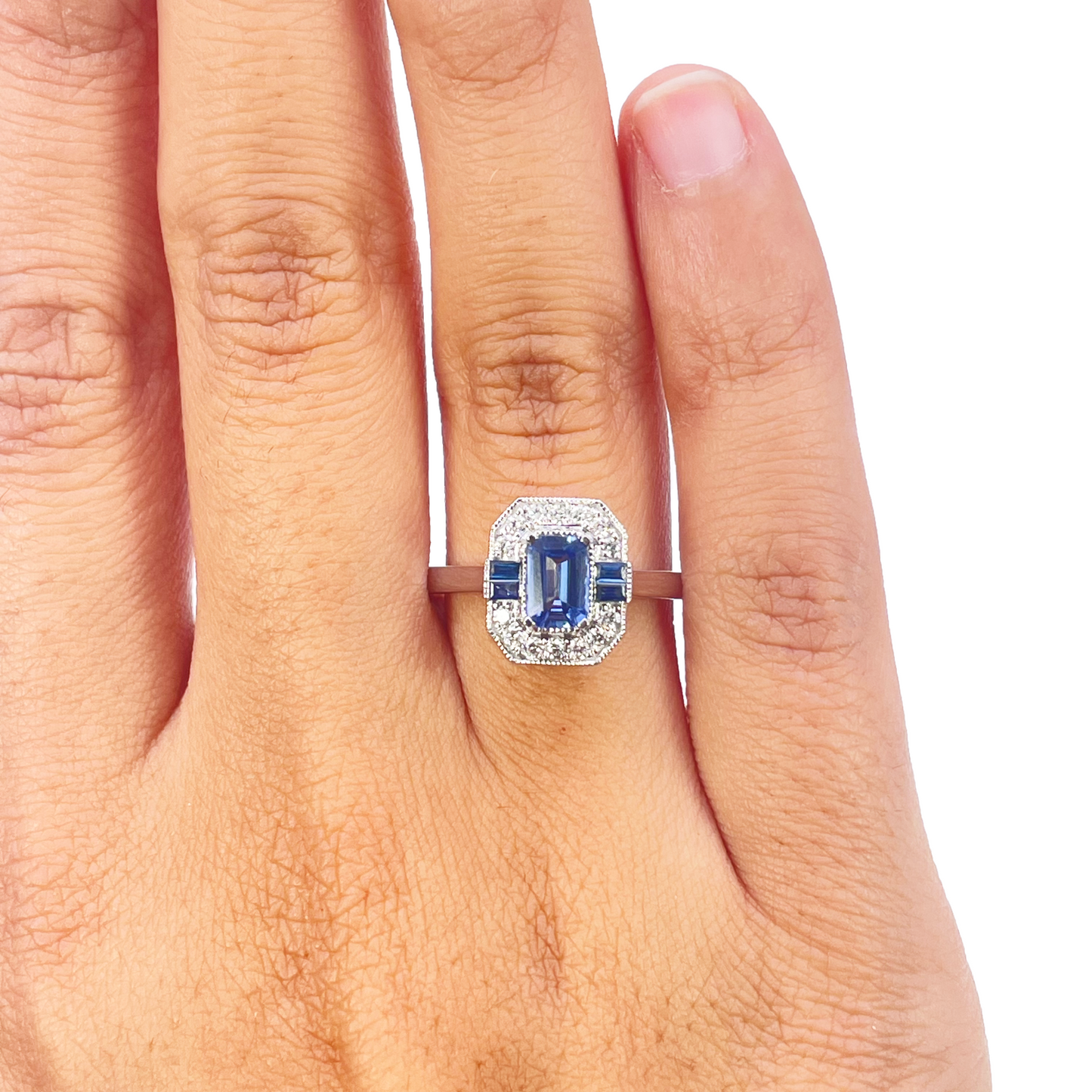 18ct Gold Natural Sapphire Diamond Halo Ring Round & Emerald Cut 1.00ct  Diamond Ring