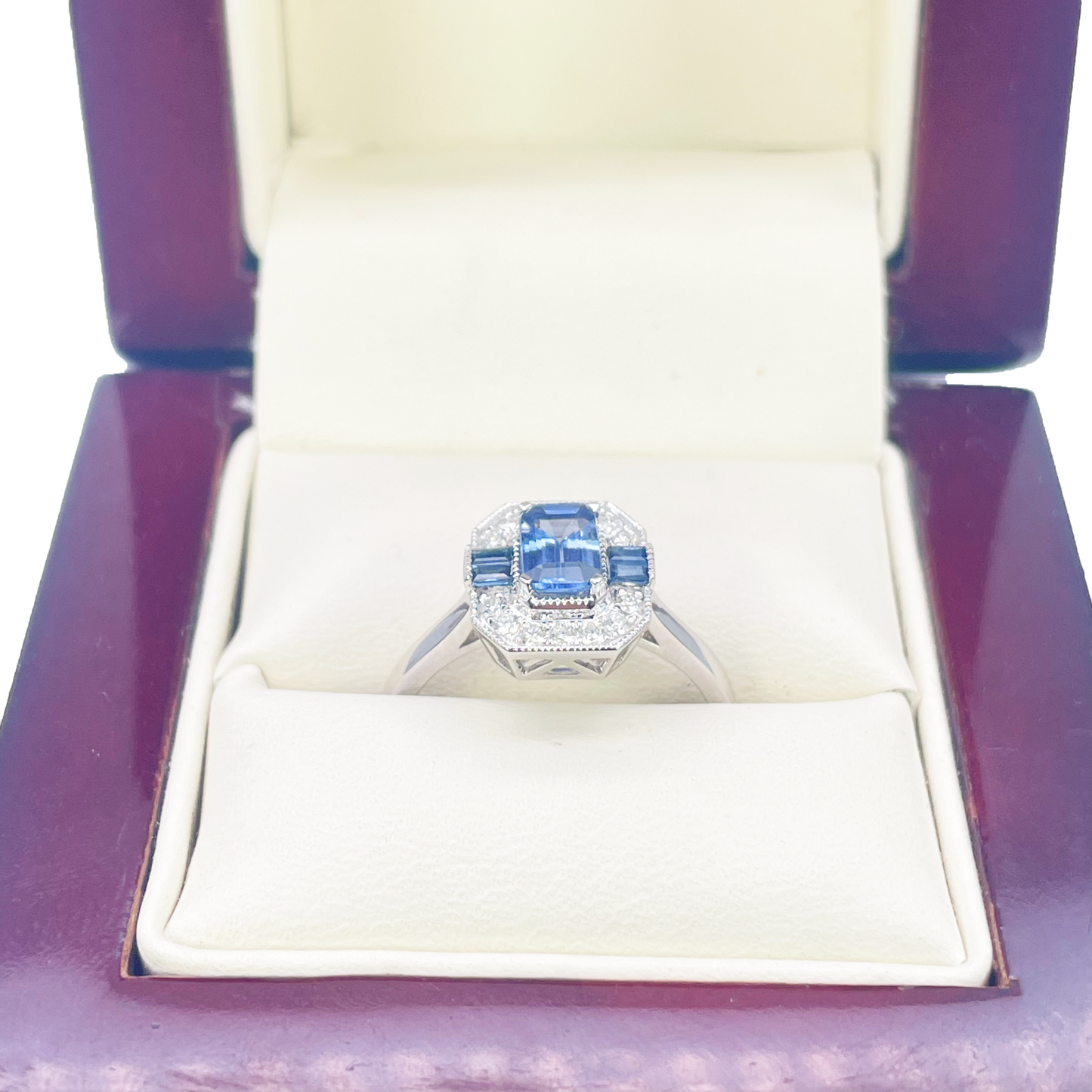 18ct Gold Natural Sapphire Diamond Halo Ring Round & Emerald Cut 1.00ct  Diamond Ring