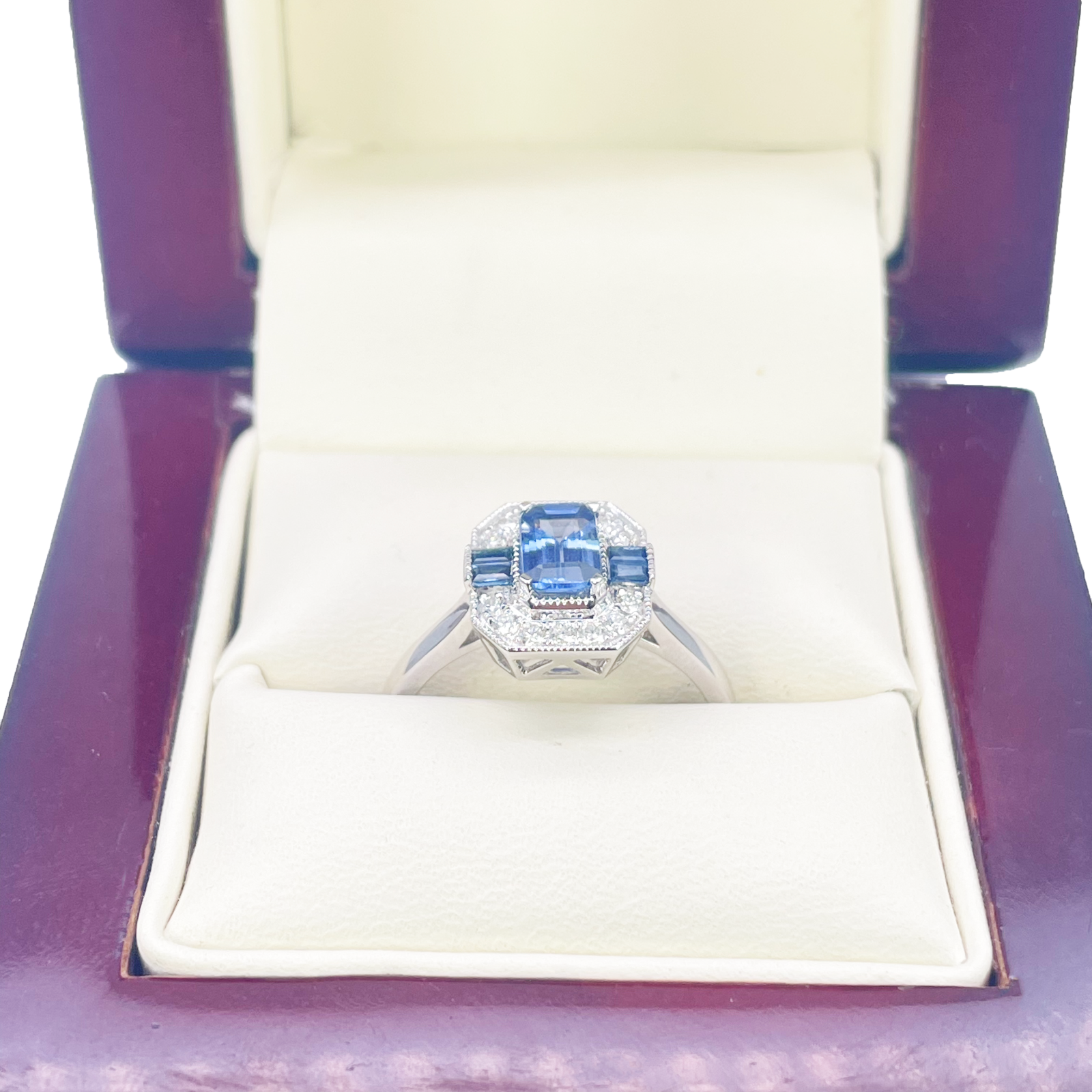18ct Gold Natural Sapphire Diamond Halo Ring Round & Emerald Cut 1.00ct  Diamond Ring