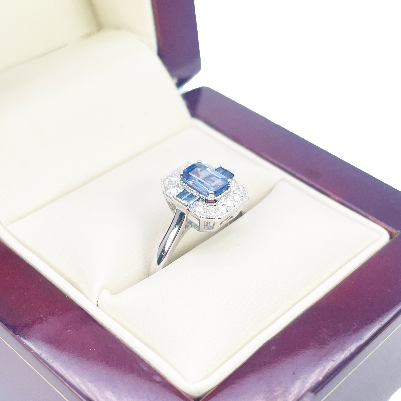 18ct Gold Natural Sapphire Diamond Halo Ring Round & Emerald Cut 1.00ct  Diamond Ring