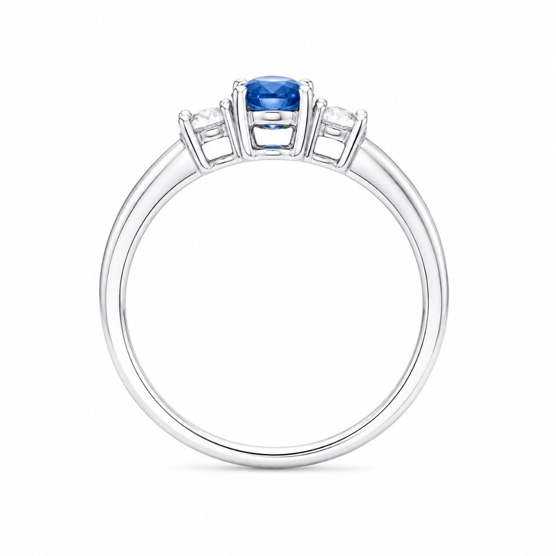 18ct Gold Natural Sapphire Diamond Three-Stone Ring Round & Oval Cut 0.65ct