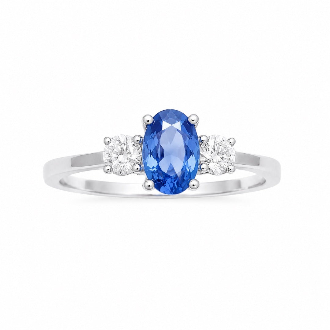 18ct Gold Natural Sapphire Diamond Three-Stone Ring Round & Oval Cut 0.65ct