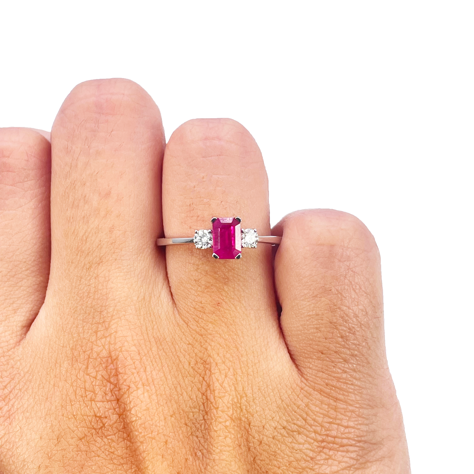 18ct Gold Ruby Diamond Ring Natural Round & Emerald Cut Three-Stone 0.75ct  Diamond Ring