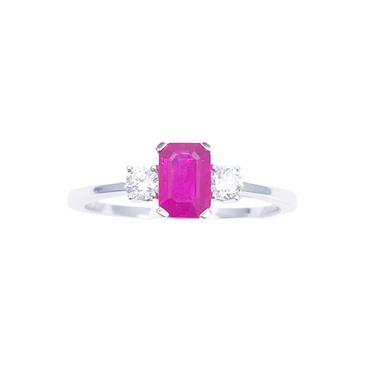 18ct Gold Ruby Diamond Ring Natural Round & Emerald Cut Three-Stone 0.75ct