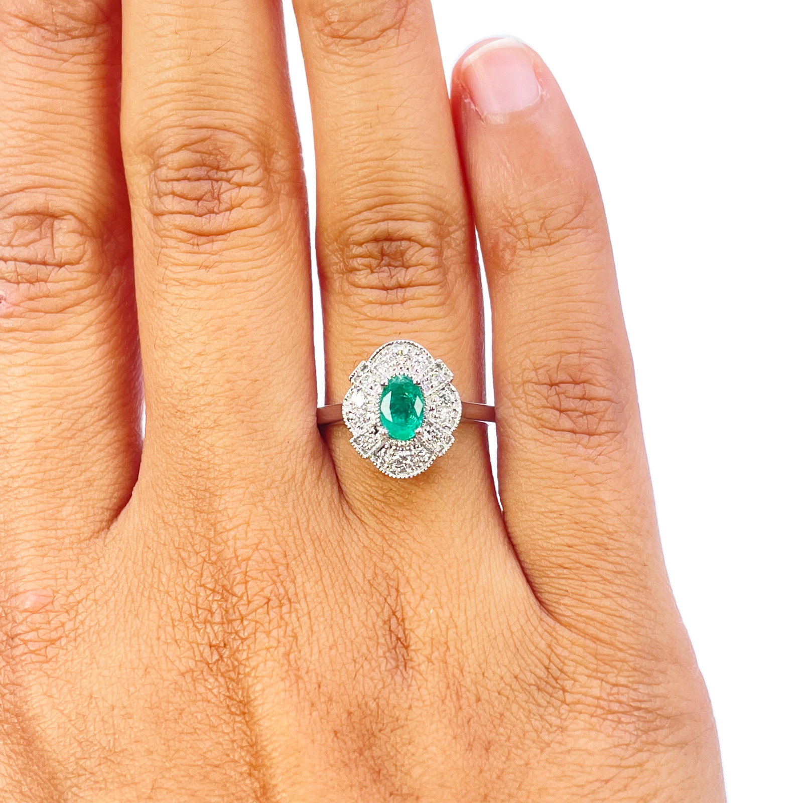 18ct Gold Natural Emerald Diamond Halo Ring Round & Oval Cut 0.65ct  Diamond Ring