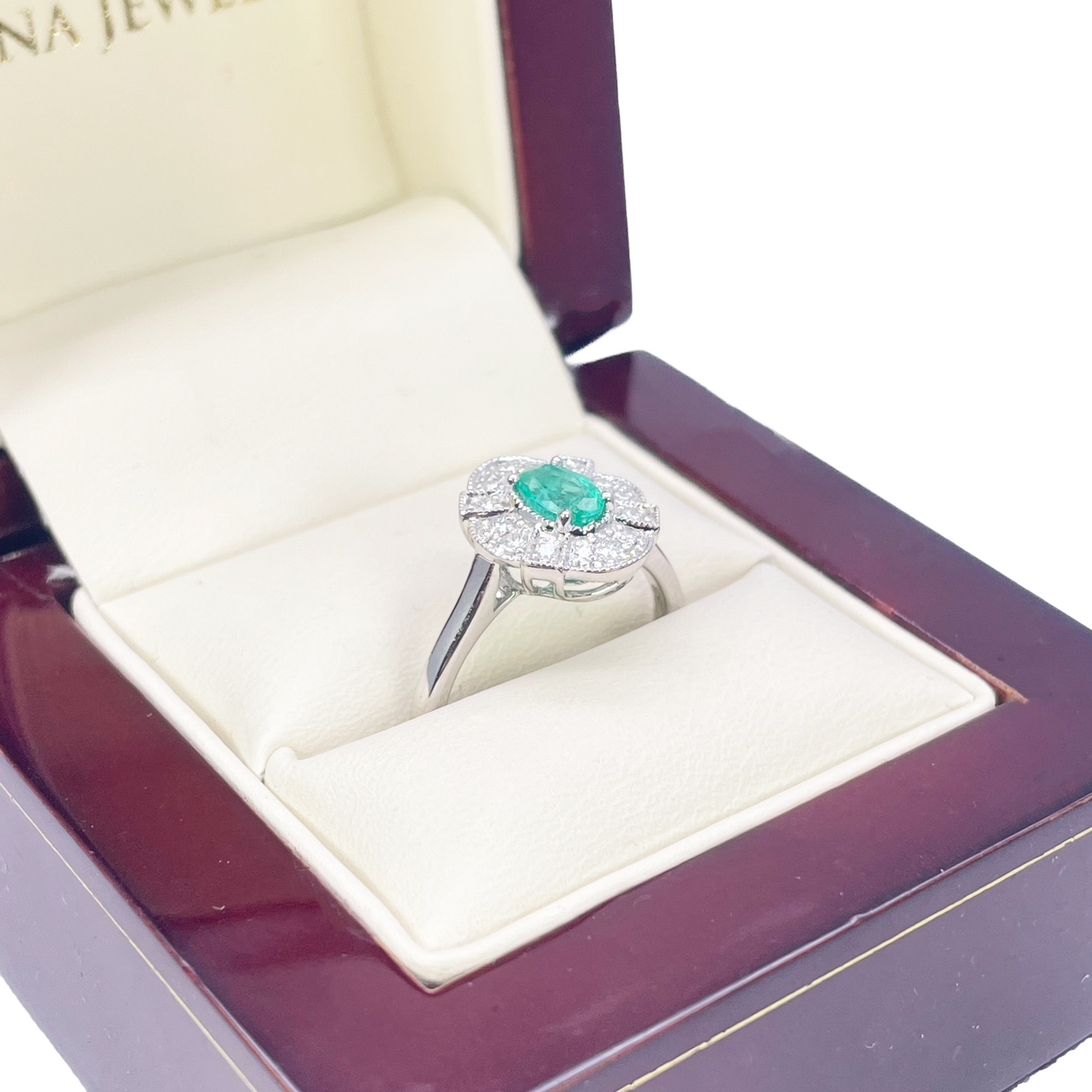 18ct Gold Natural Emerald Diamond Halo Ring Round & Oval Cut 0.65ct  Diamond Ring