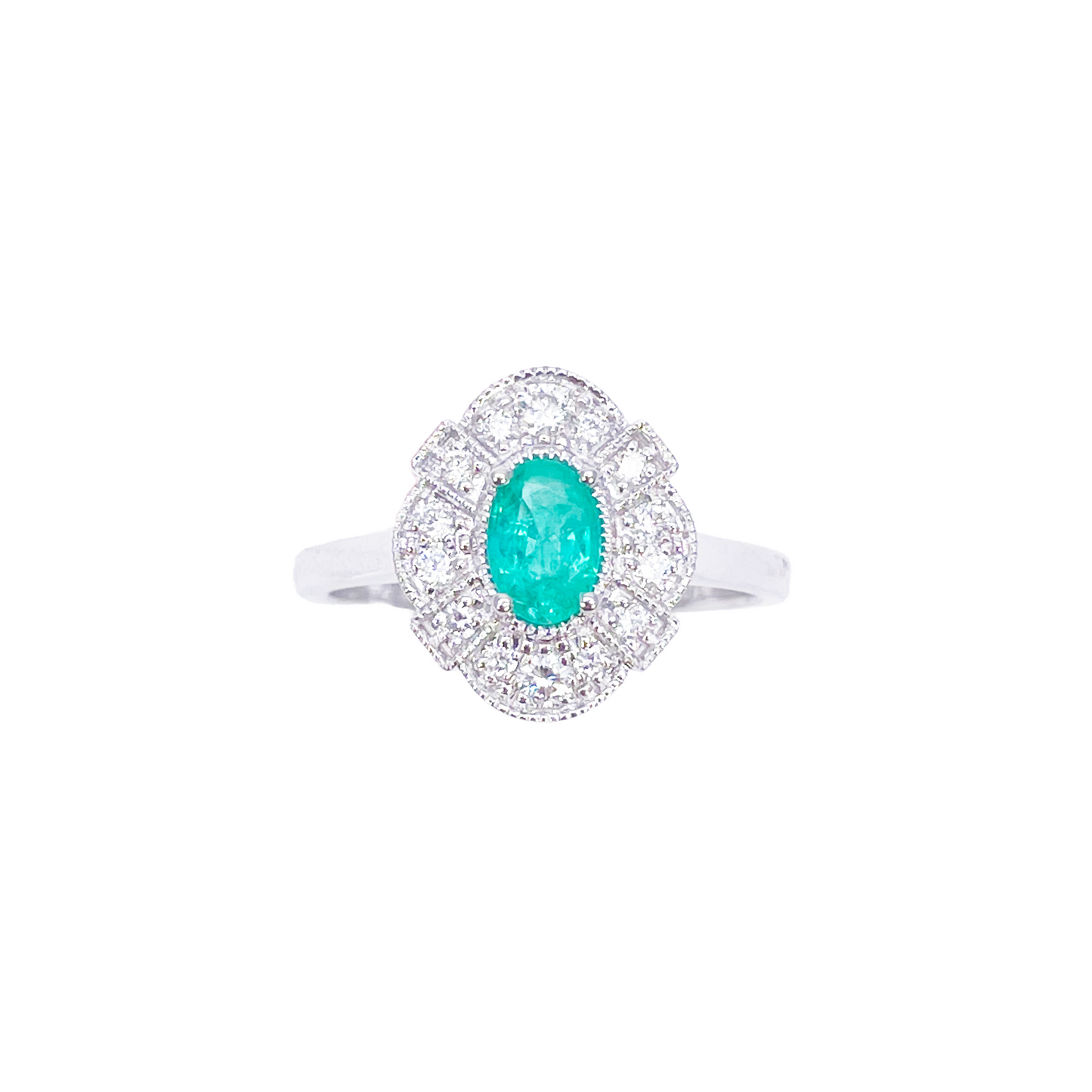 18ct Gold Natural Emerald Diamond Halo Ring Round & Oval Cut 0.65ct  Diamond Ring