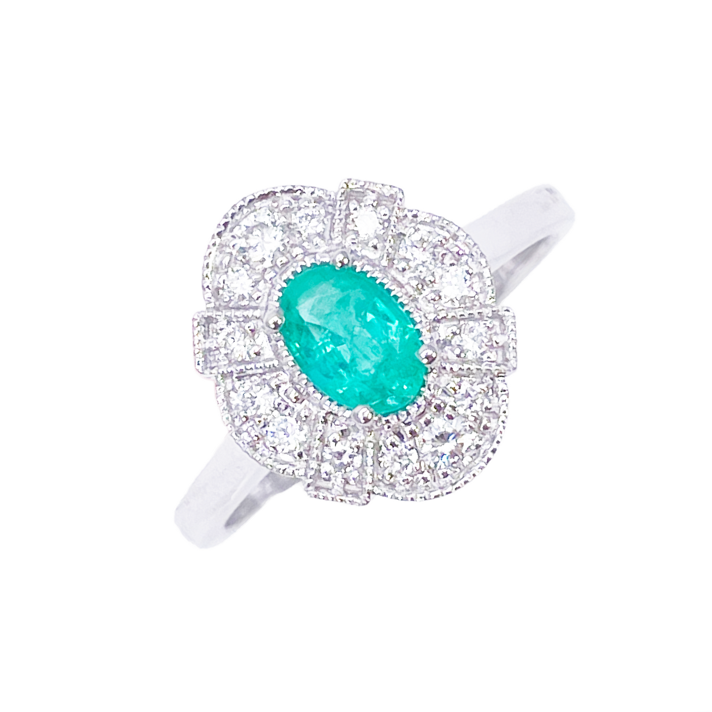 18ct Gold Natural Emerald Diamond Halo Ring Round & Oval Cut 0.65ct  Diamond Ring