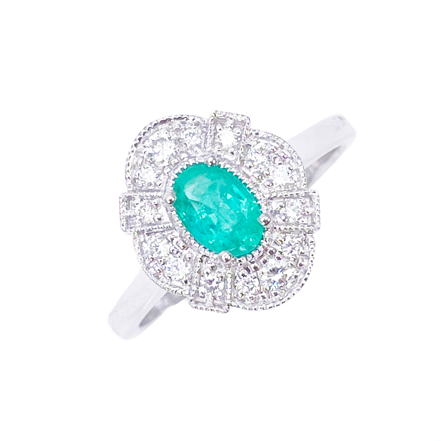 18ct Gold Natural Emerald Diamond Halo Ring Round & Oval Cut 0.65ct  Diamond Ring