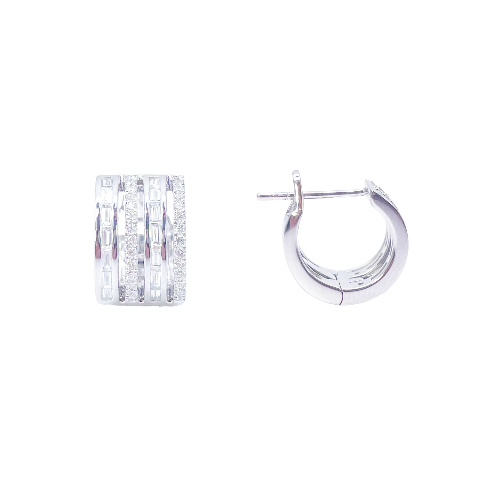 18ct Gold Diamond Hoop 0.55ct Natural Baguette & Round Huggie Earrings 9mm 