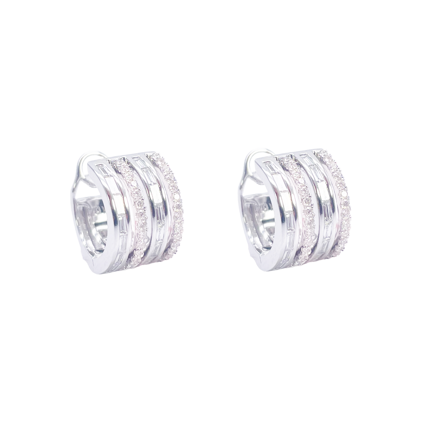 18ct Gold Diamond Hoop 0.55ct Natural Baguette & Round Huggie Earrings 9mm 