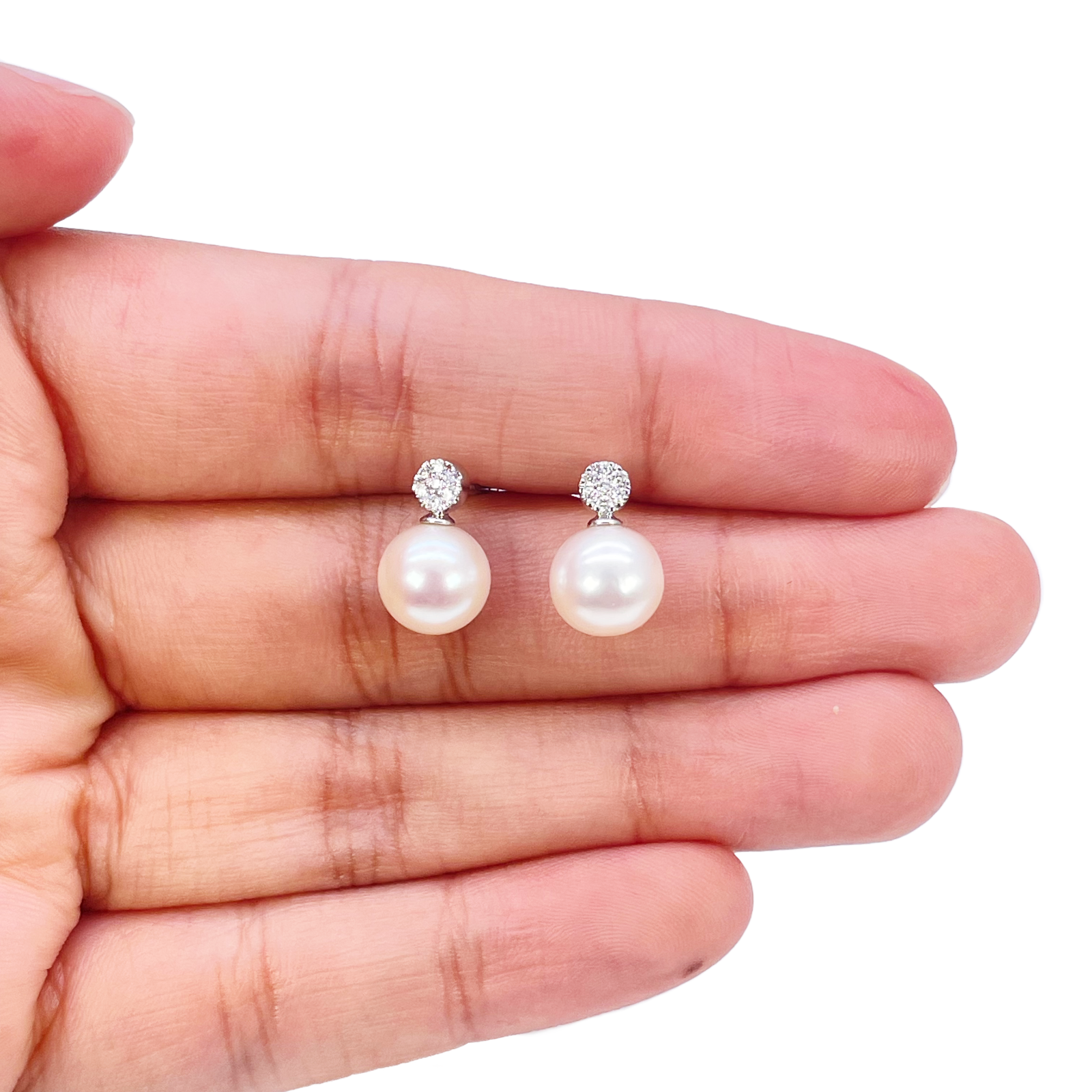 18ct White Gold Freshwater Pearl & Diamond Drop Pair Earrings 0.08ct 