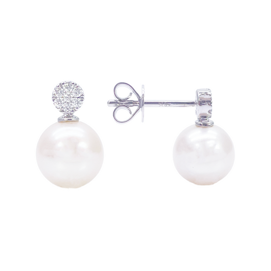 18ct White Gold Freshwater Pearl & Diamond Drop Pair Earrings 0.08ct 