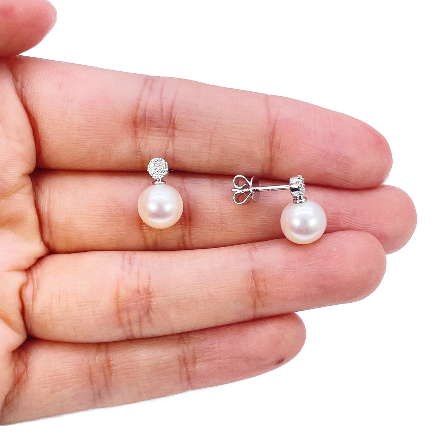 18ct White Gold Freshwater Pearl & Diamond Drop Pair Earrings 0.08ct 