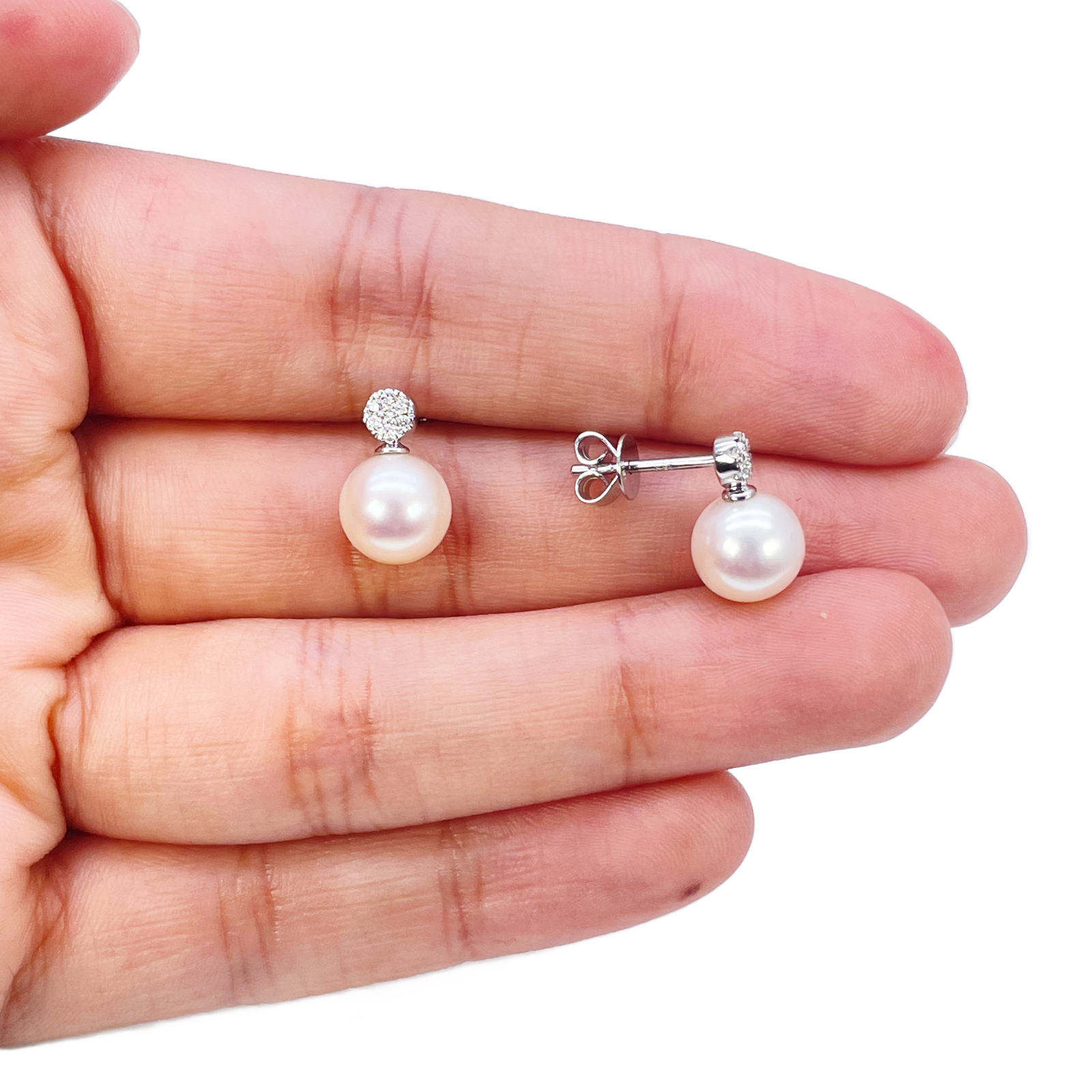 18ct White Gold Freshwater Pearl & Diamond Drop Pair Earrings 0.08ct 