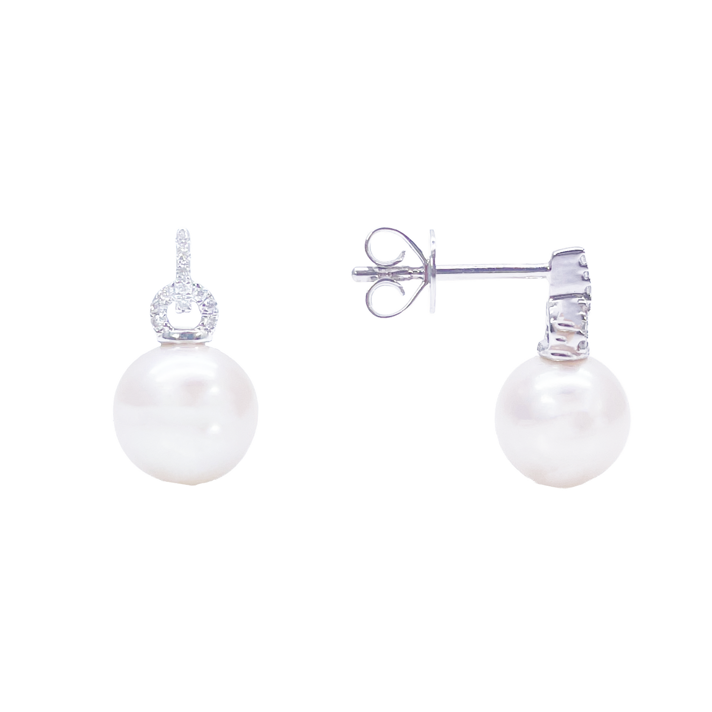 18ct White Gold Freshwater Pearl & Diamond Drop Pair Earrings 0.05ct 