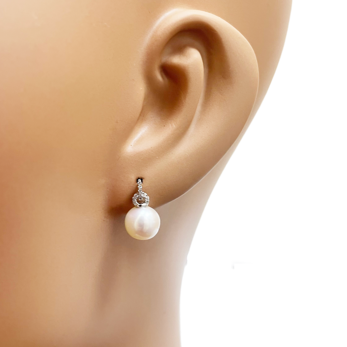 18ct White Gold Freshwater Pearl & Diamond Drop Pair Earrings 0.05ct 