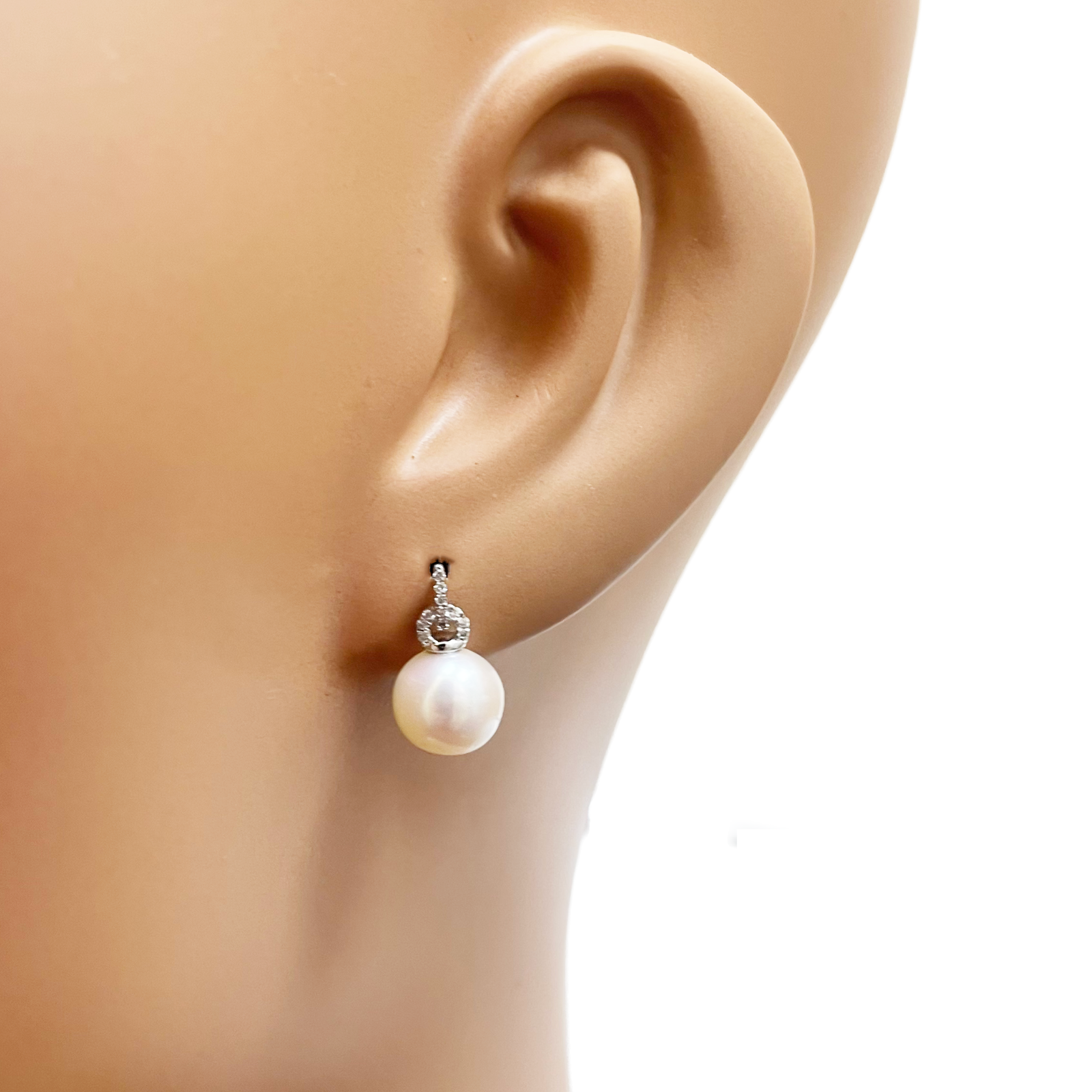 18ct White Gold Freshwater Pearl & Diamond Drop Pair Earrings 0.05ct 