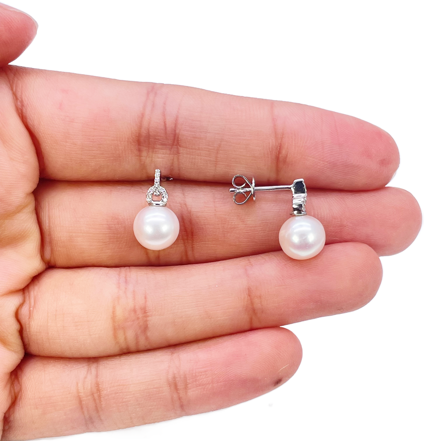 18ct White Gold Freshwater Pearl & Diamond Drop Pair Earrings 0.05ct 