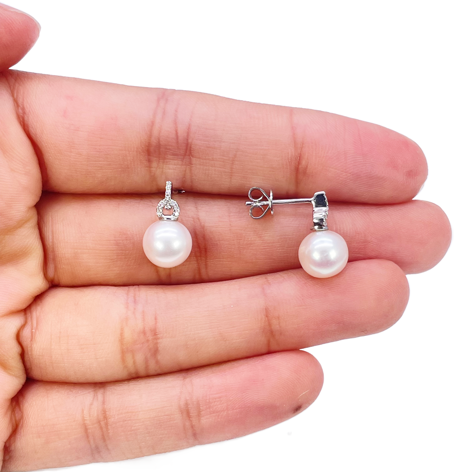 18ct White Gold Freshwater Pearl & Diamond Drop Pair Earrings 0.05ct 