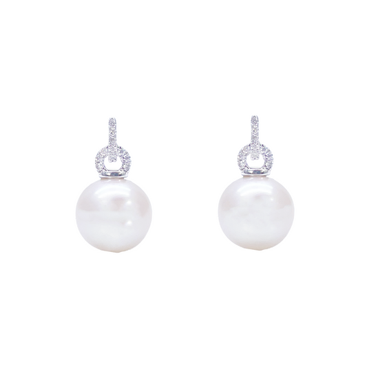 18ct White Gold Freshwater Pearl & Diamond Drop Pair Earrings 0.05ct 