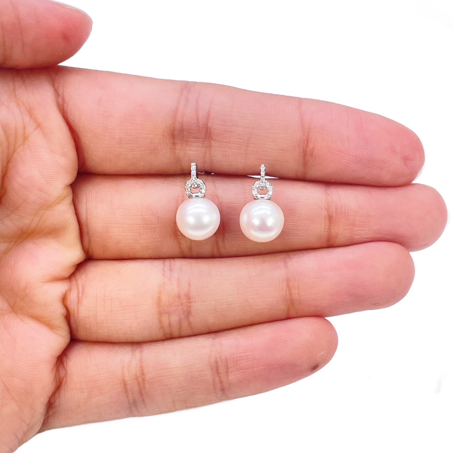 18ct White Gold Freshwater Pearl & Diamond Drop Pair Earrings 0.05ct 