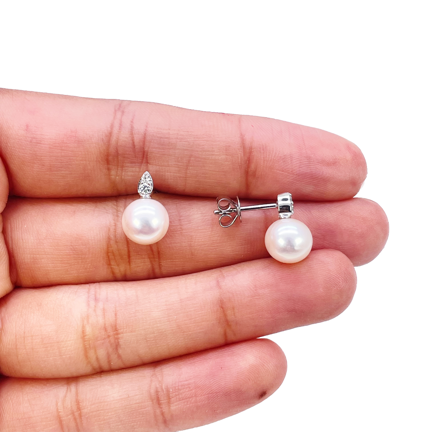 18ct White Gold Freshwater Pearl & Diamond Drop Pair Earrings 0.07ct 