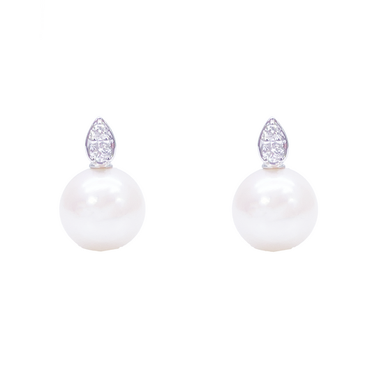 18ct White Gold Freshwater Pearl & Diamond Drop Pair Earrings 0.07ct 