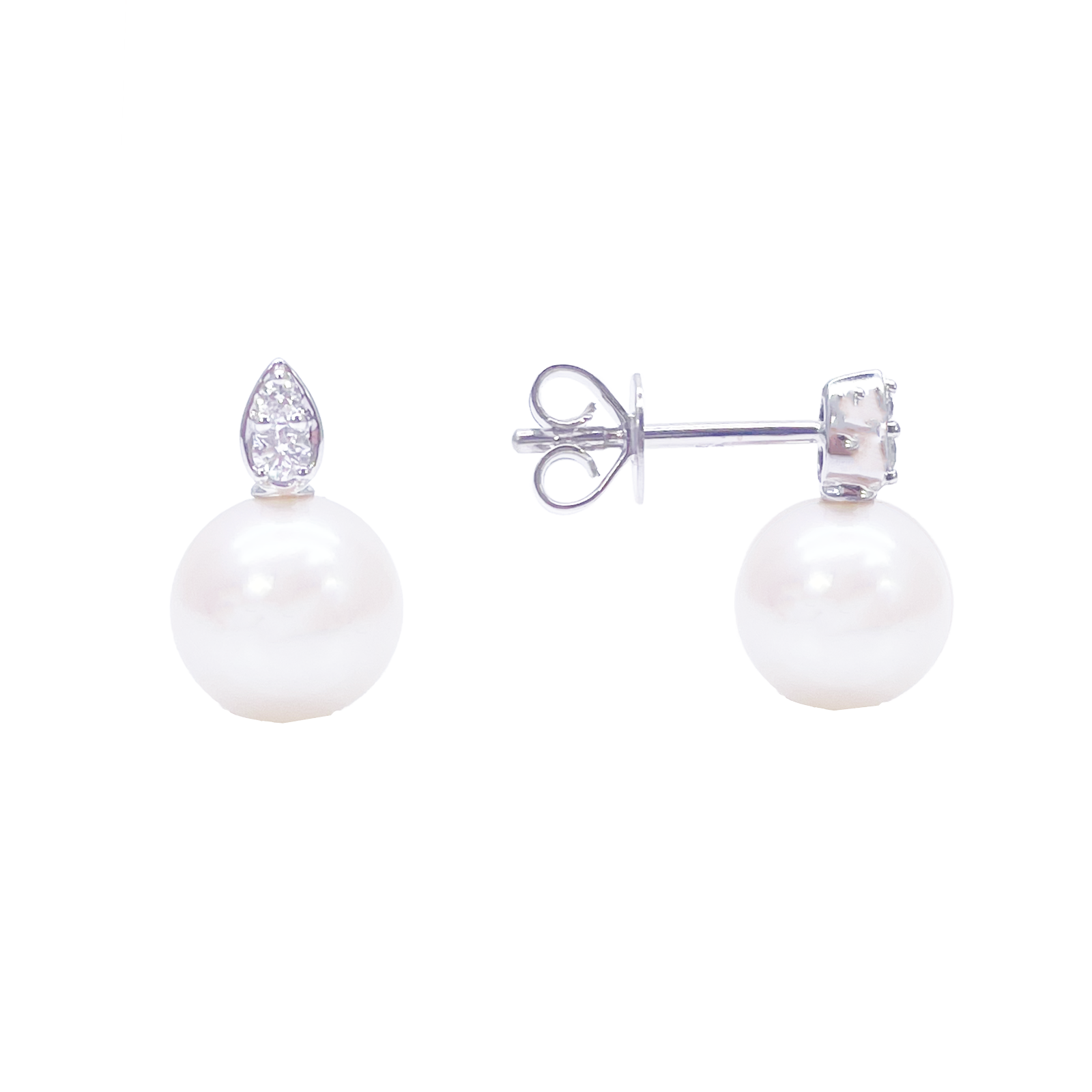 18ct White Gold Freshwater Pearl & Diamond Drop Pair Earrings 0.07ct 