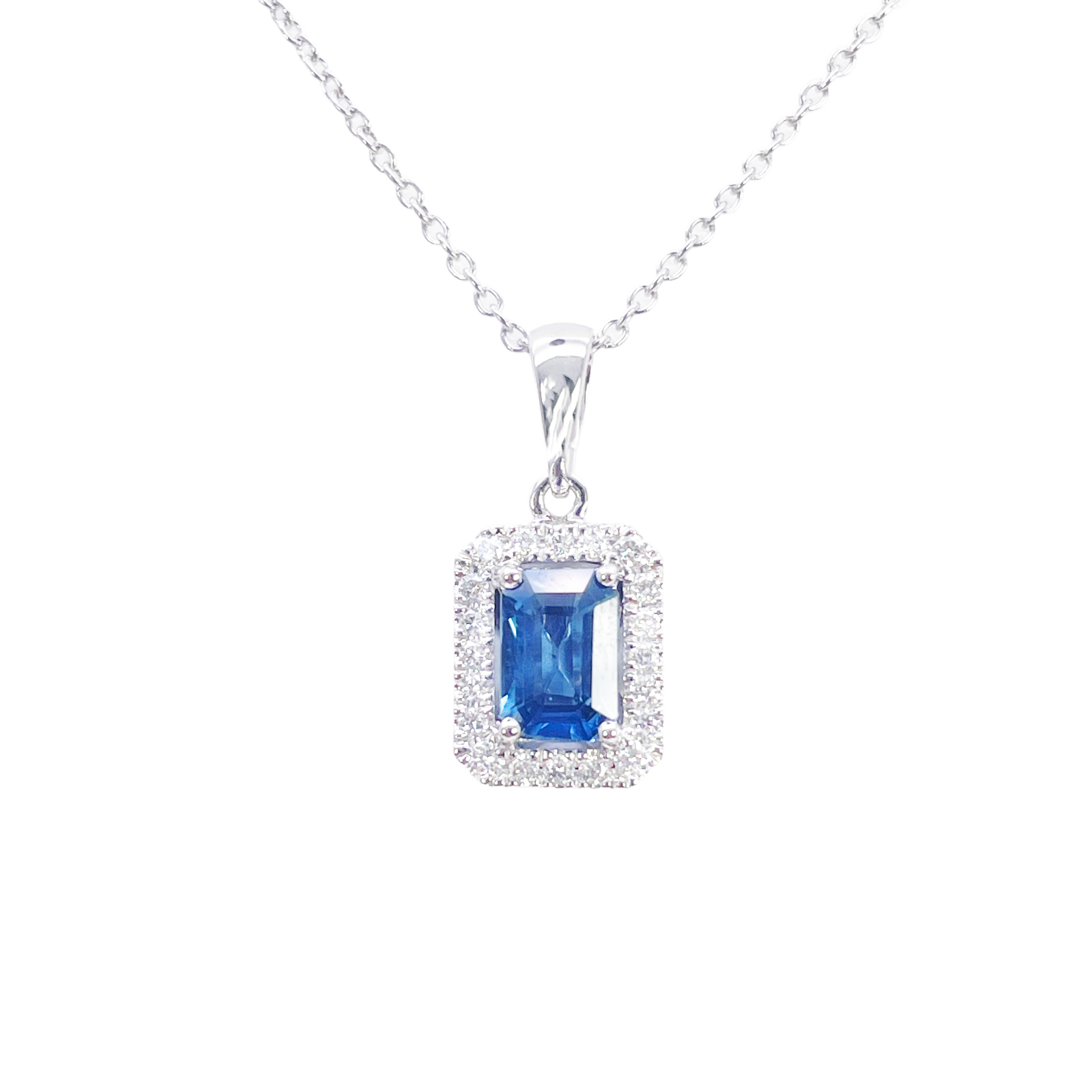 18ct Gold Natural Round Diamond & Sapphire Emerald Cut Halo Necklace 0.75ct 