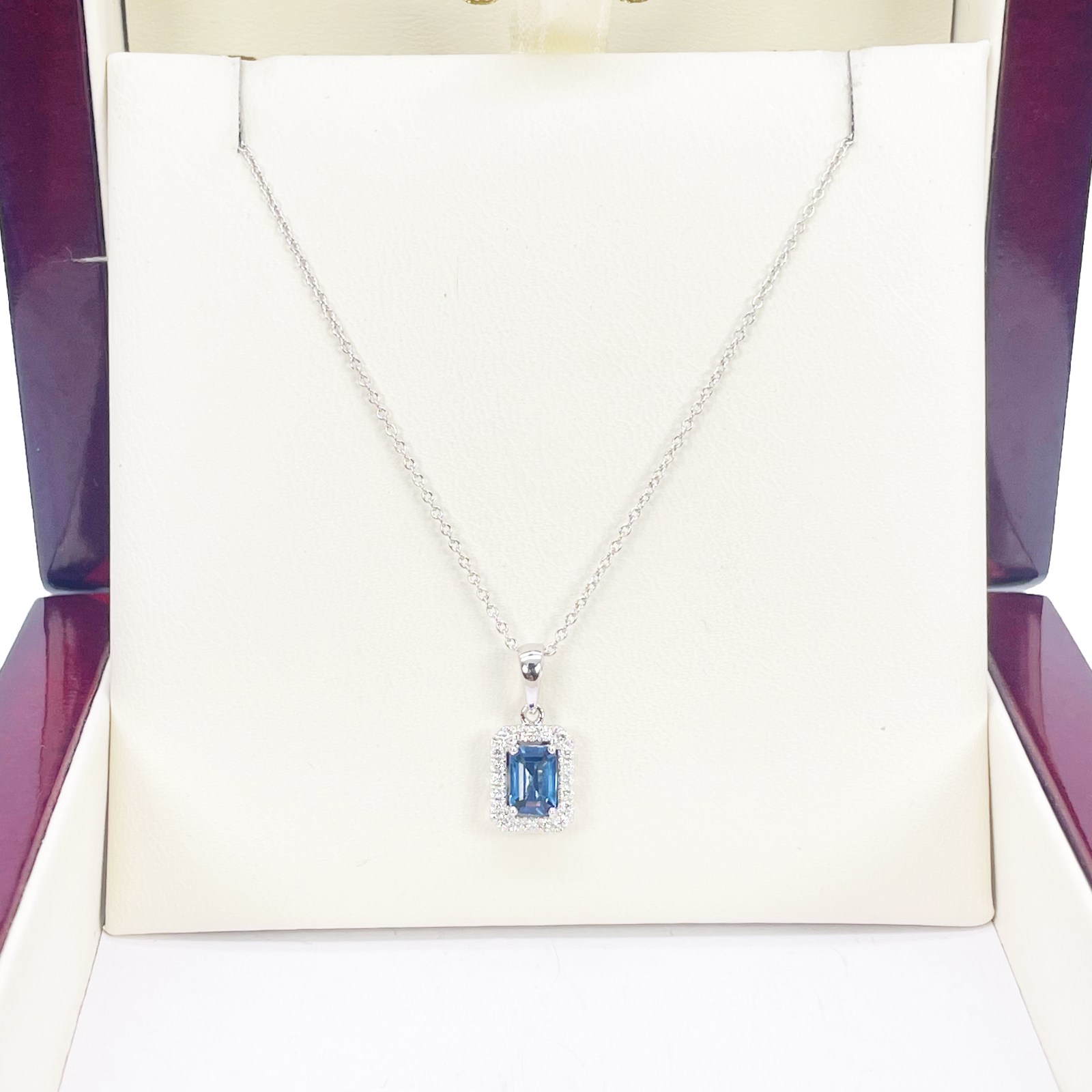 18ct Gold Natural Round Diamond & Sapphire Emerald Cut Halo Necklace 0.75ct 