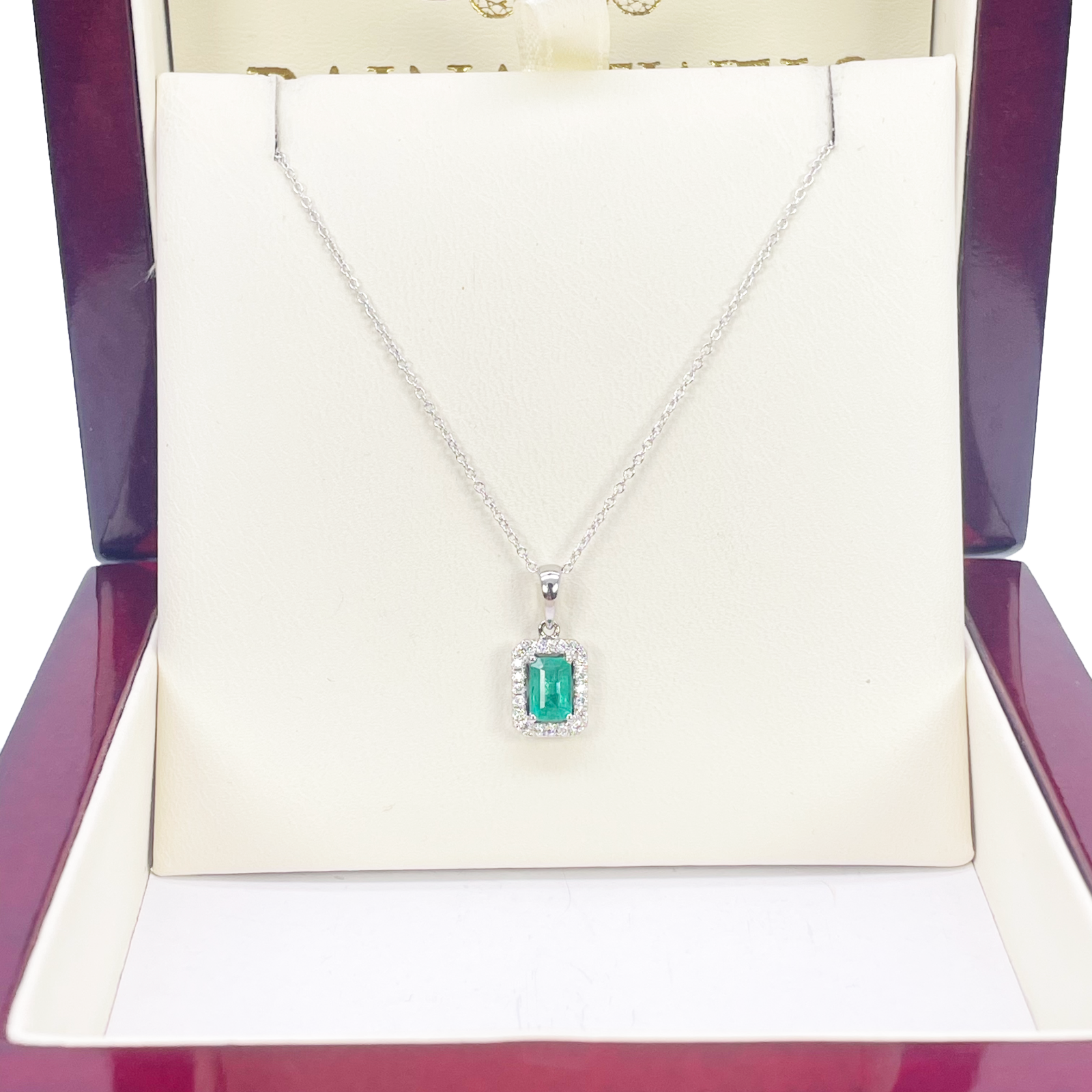 18ct Gold Natural Diamond & Emerald Round & Emerald Cut Halo Necklace 0.60ct 