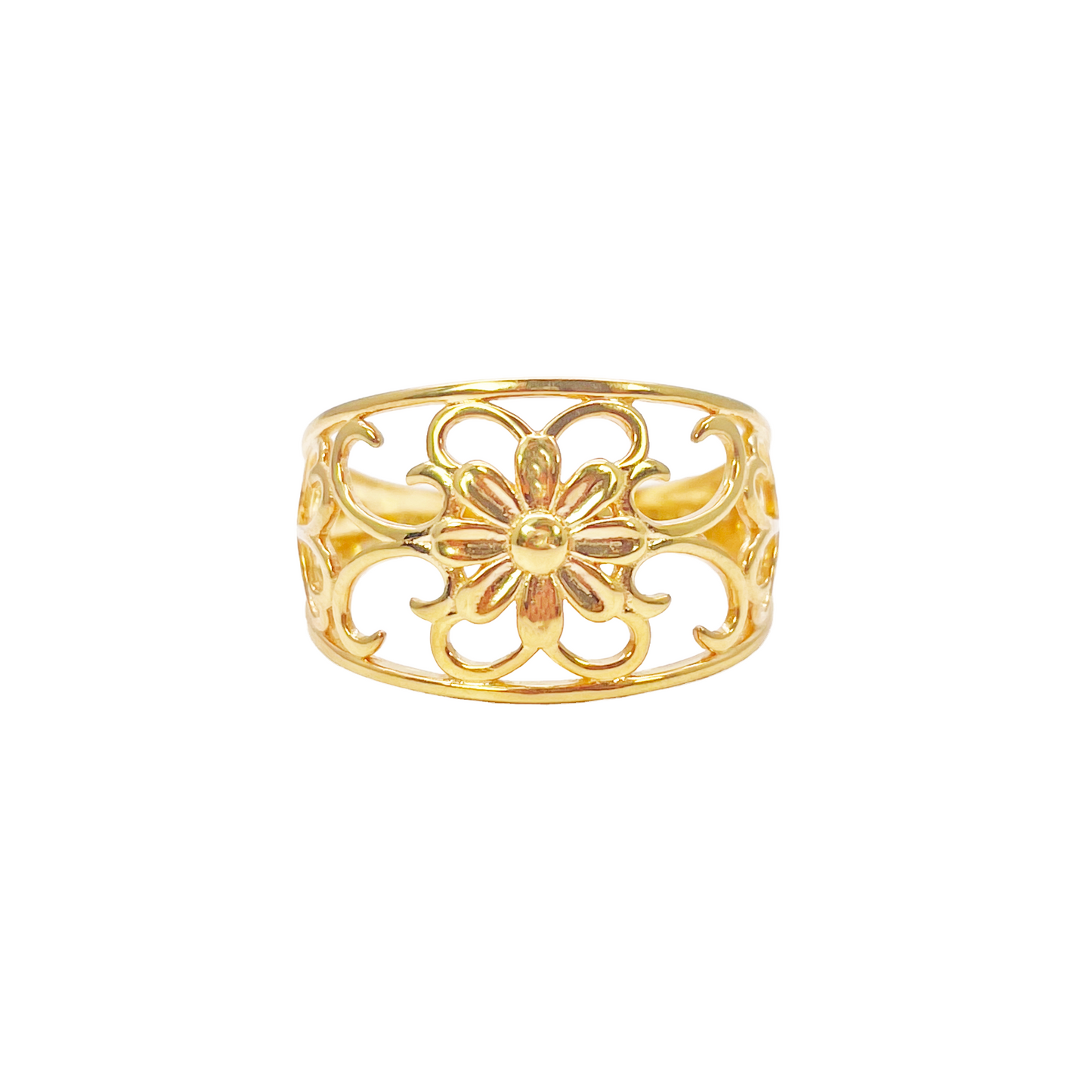 22ct Gold Floral Ring High Polished Design 12mm Width Size M 