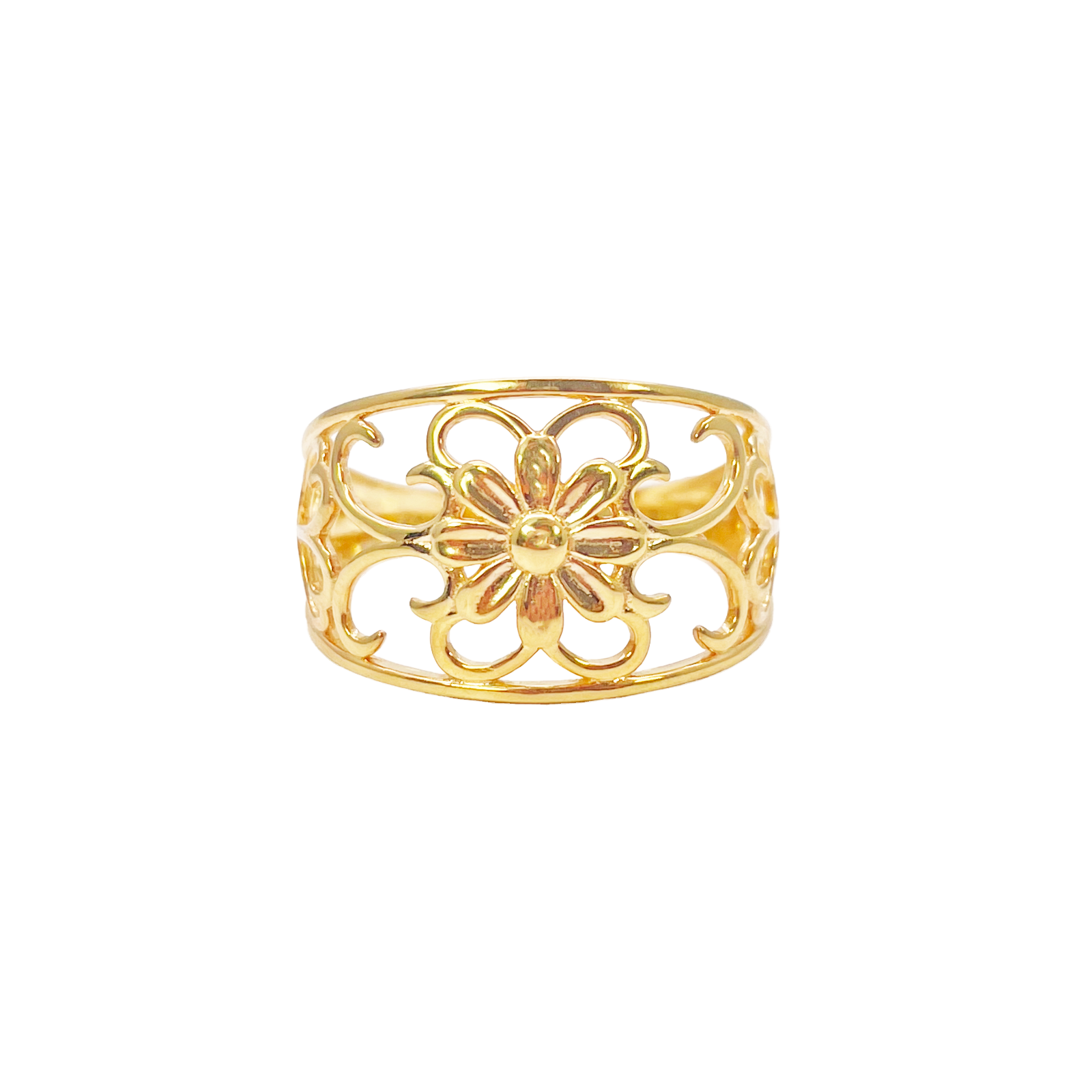 22ct Gold Floral Ring High Polished Design 12mm Width Size M 