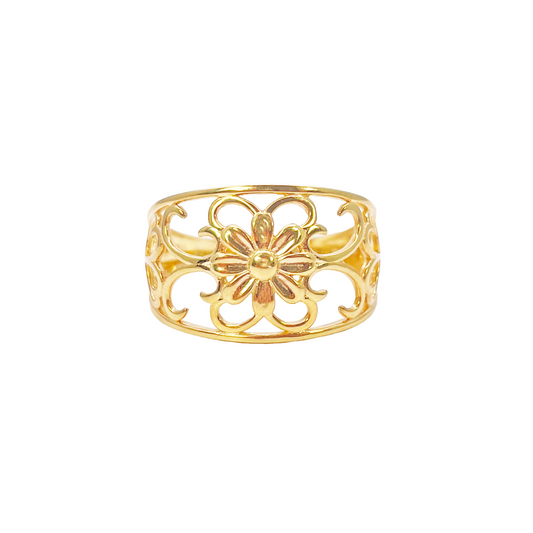 22ct Gold Floral Ring High Polished Design 12mm Width Size M 