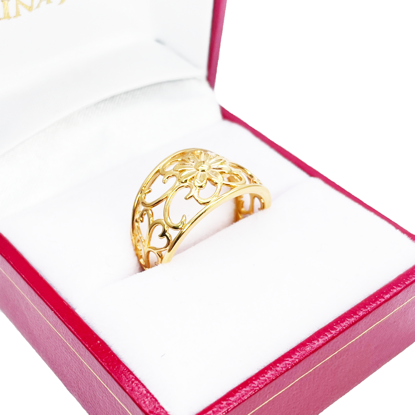 22ct Gold Floral Ring High Polished Design 12mm Width Size M 