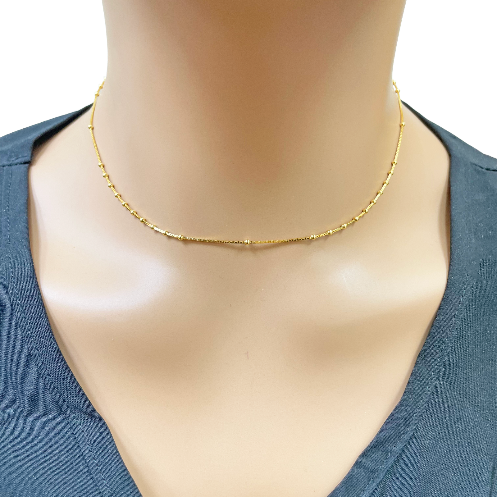 22ct Gold Beaded Necklace High Polished Round Beads Box Chain 16 Inches 