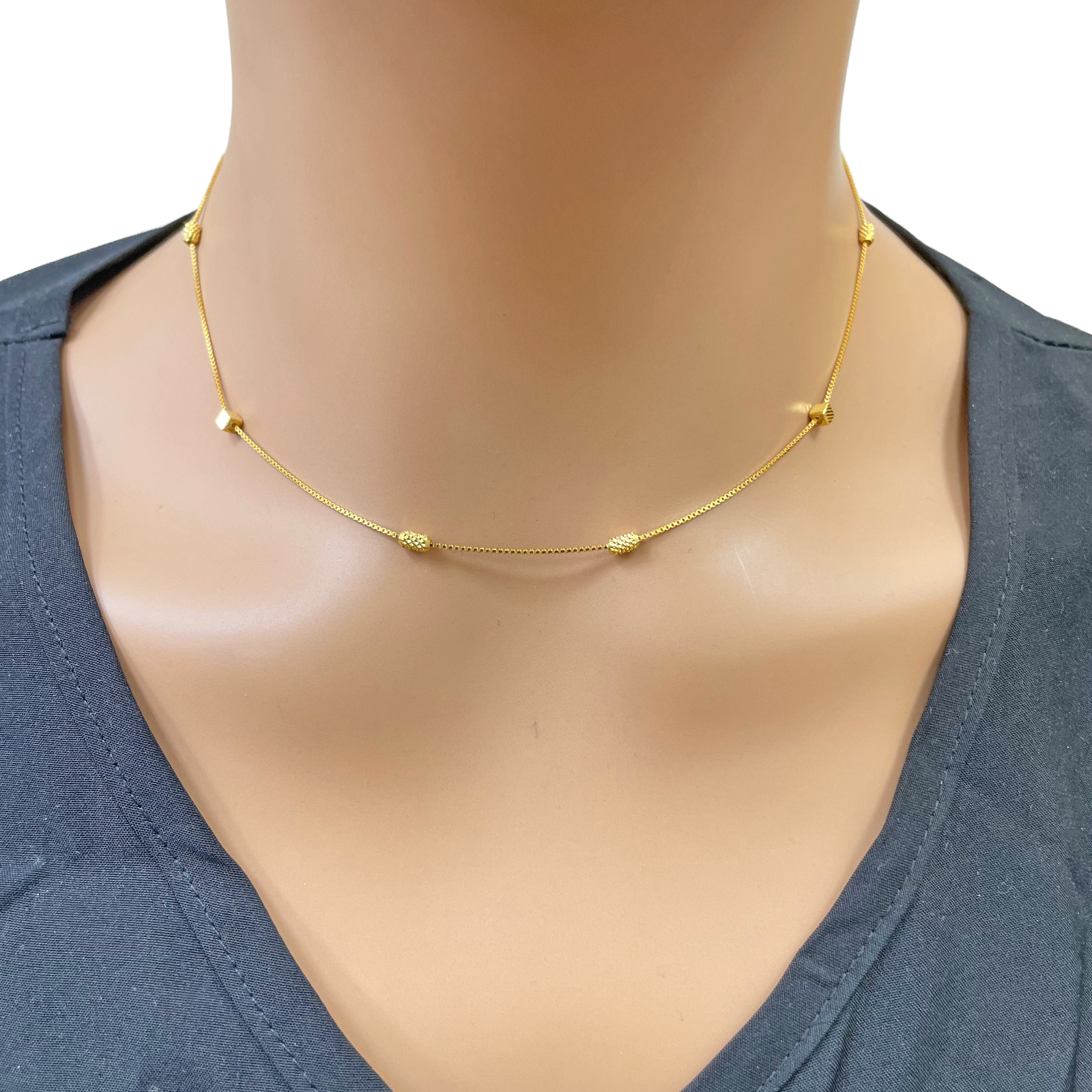 22ct Gold Beaded Necklace Diamond Cut Cube & Rounded Beads Box Chain 16 Inches 