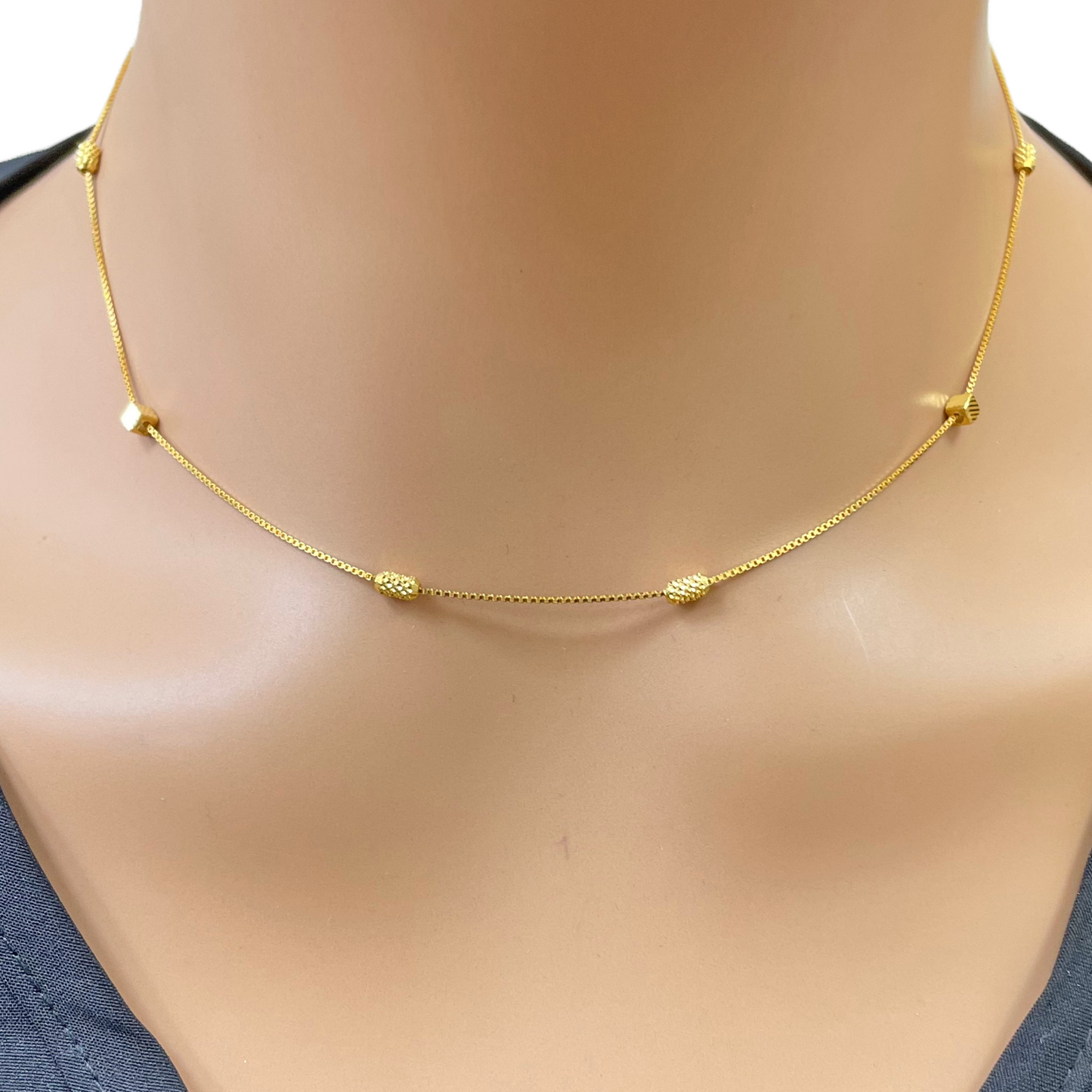 22ct Gold Beaded Necklace Diamond Cut Cube & Rounded Beads Box Chain 16 Inches 