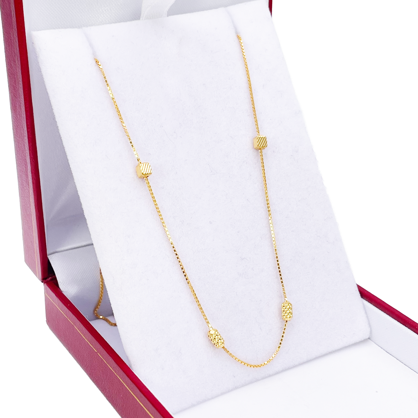 22ct Gold Beaded Necklace Diamond Cut Cube & Rounded Beads Box Chain 16 Inches 