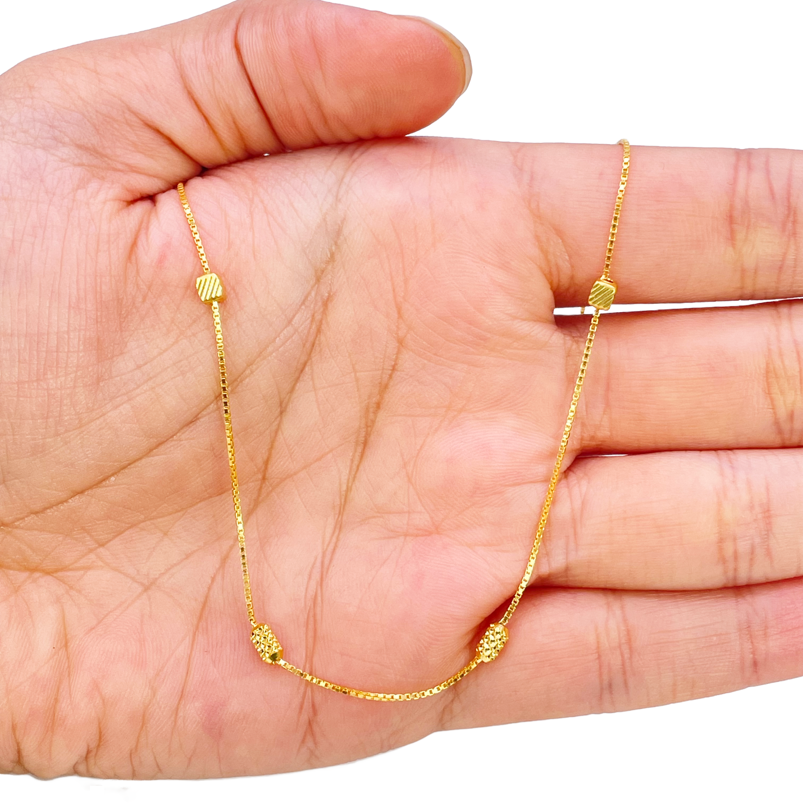 22ct Gold Beaded Necklace Diamond Cut Cube & Rounded Beads Box Chain 16 Inches 