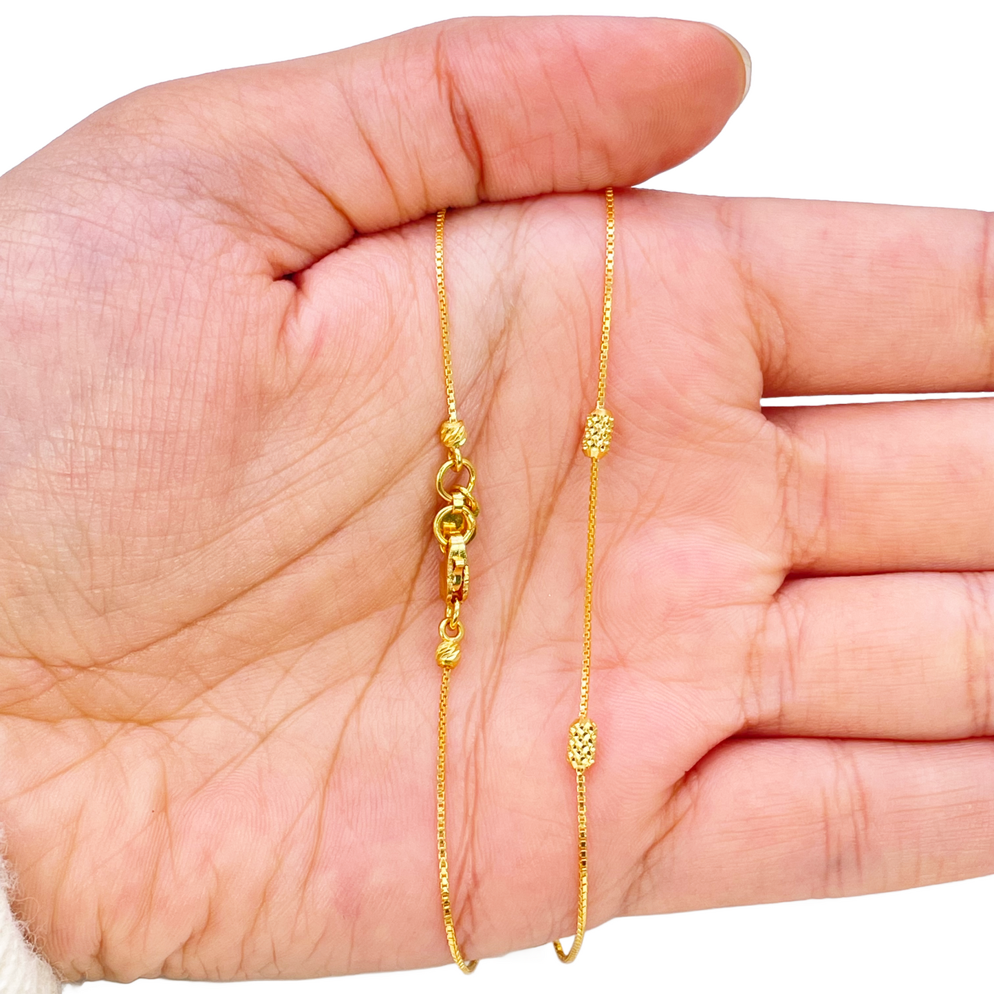 22ct Gold Beaded Necklace Diamond Cut Cube & Rounded Beads Box Chain 16 Inches 