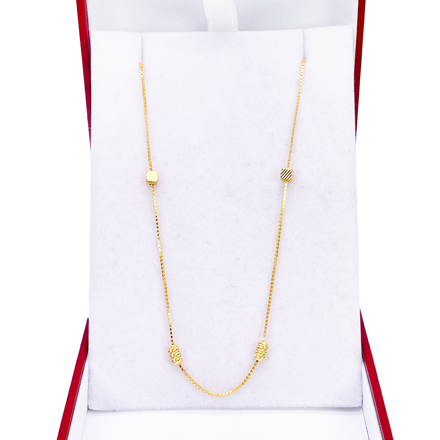 22ct Gold Beaded Necklace Diamond Cut Cube & Rounded Beads Box Chain 16 Inches 