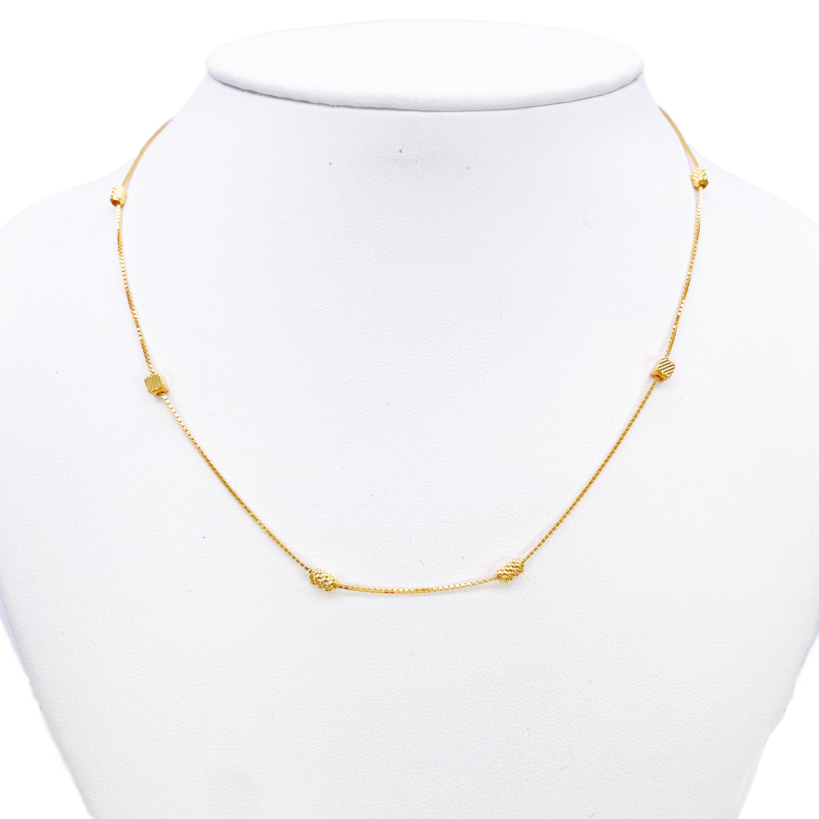 22ct Gold Beaded Necklace Diamond Cut Cube & Rounded Beads Box Chain 16 Inches 